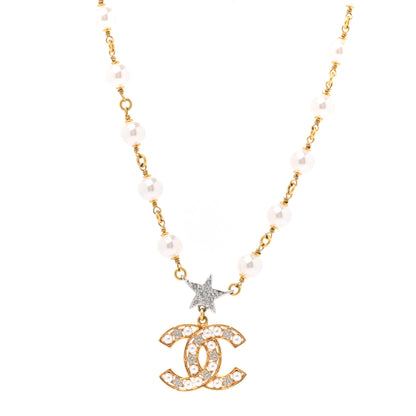 Chanel Metal Pearl Crystal CC Star Necklace Gold 1 of 6