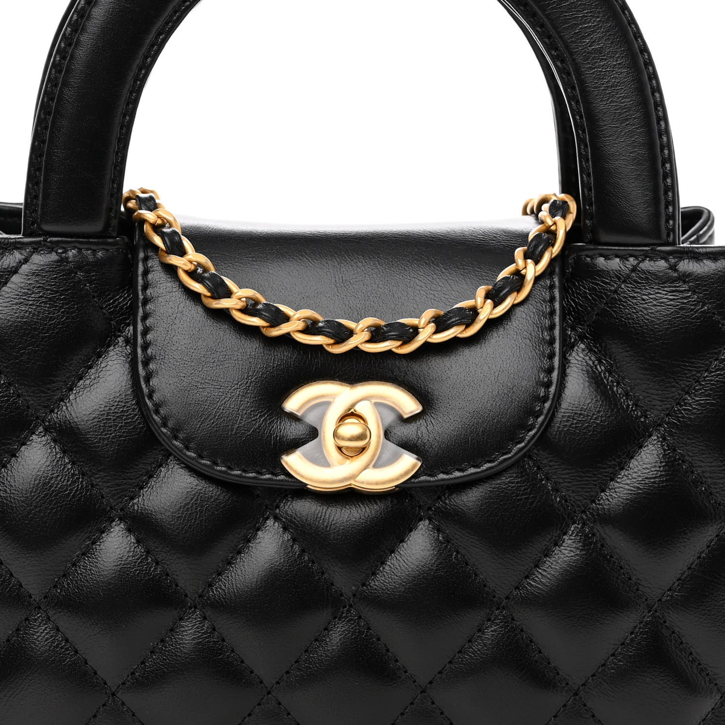 Shiny Aged Calfskin Quilted Nano Kelly Shopper Black
