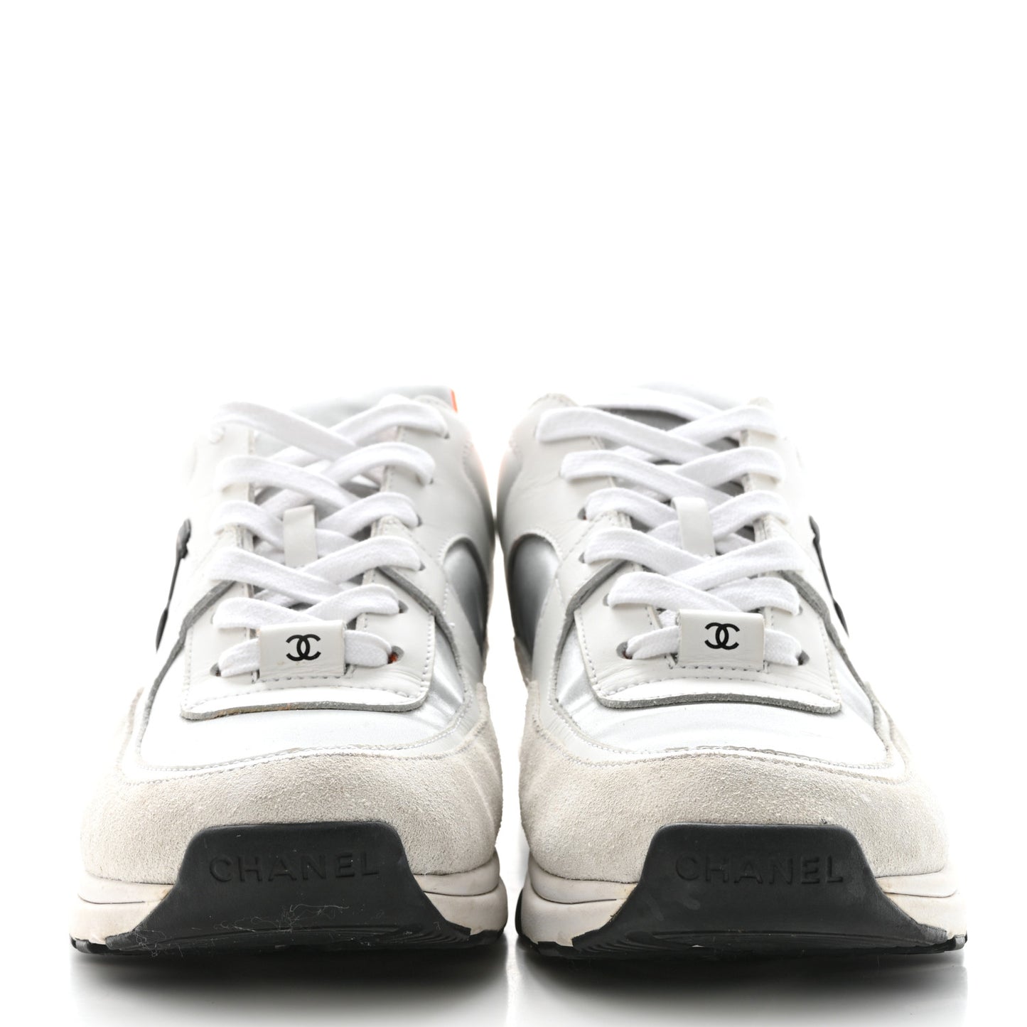 Nylon Calfskin Suede CC Womens Sneakers 38.5 White Orange