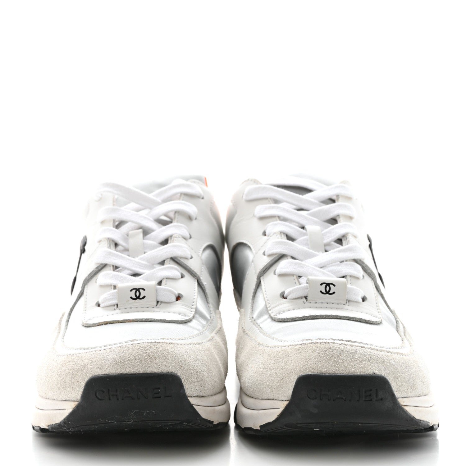Chanel Nylon Calfskin Suede CC Womens Sneakers 38.5 White Orange 2 of 9