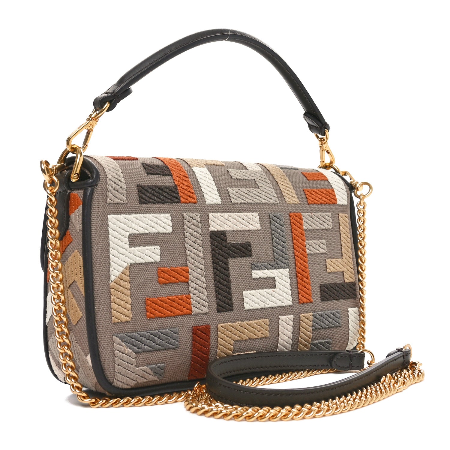 Fendi Canvas Vitello King Seta FF Embroidered Mini Baguette Tartufo Ebano Multicolor 3 of 10