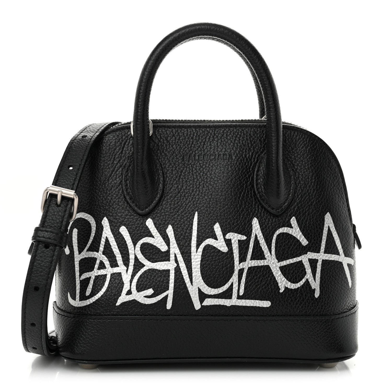 Balenciaga Grained Calfskin Graffiti Print Logo XXS Ville Top Handle Bag Black Silver 1 of 11