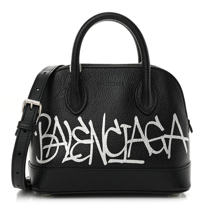 Balenciaga Grained Calfskin Graffiti Print Logo XXS Ville Top Handle Bag Black Silver 1 of 11