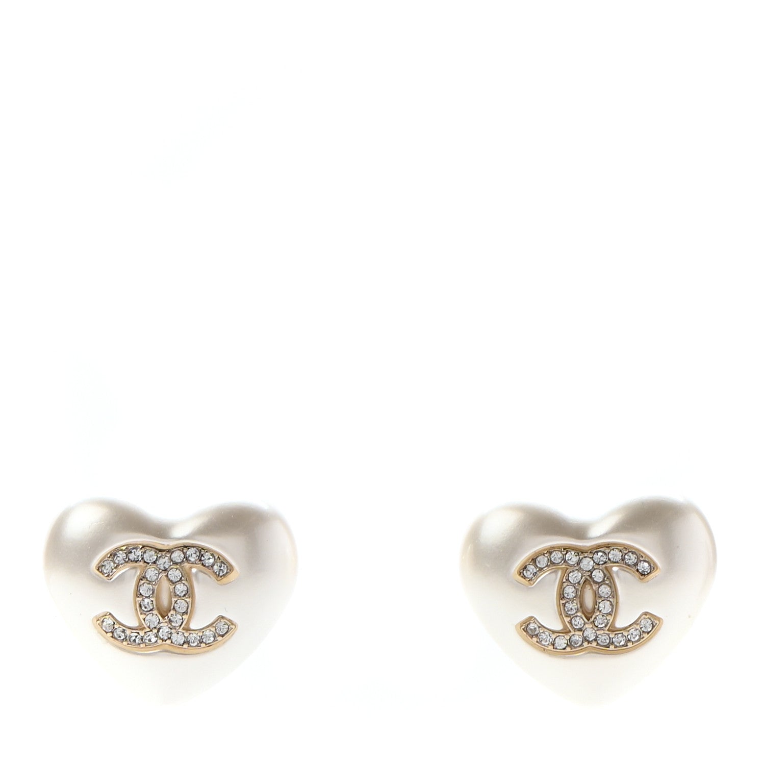 Chanel Pearl Crystal CC Heart Earrings Gold 1 of 4