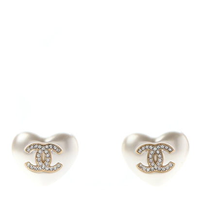 Chanel Pearl Crystal CC Heart Earrings Gold 1 of 4