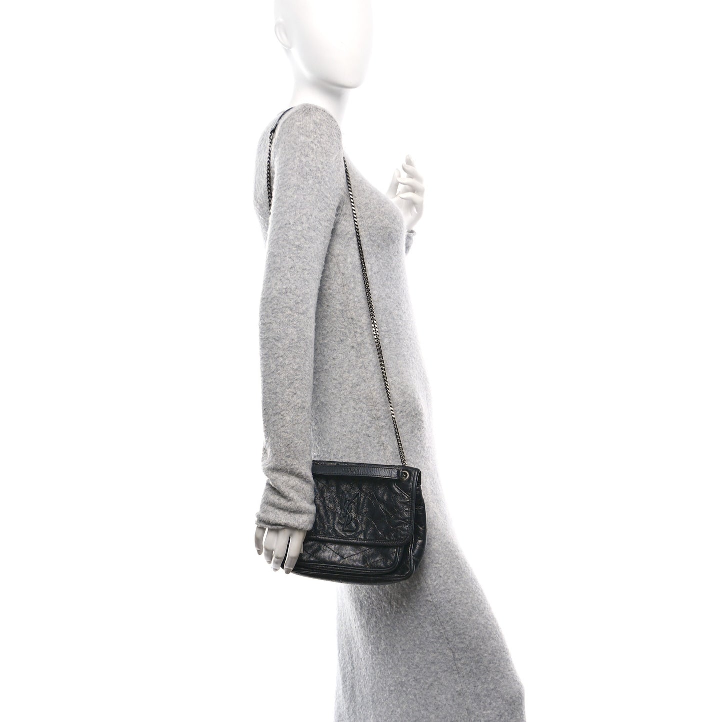 Crinkled Calfskin Matelasse Monogram Baby Niki Chain Satchel Black