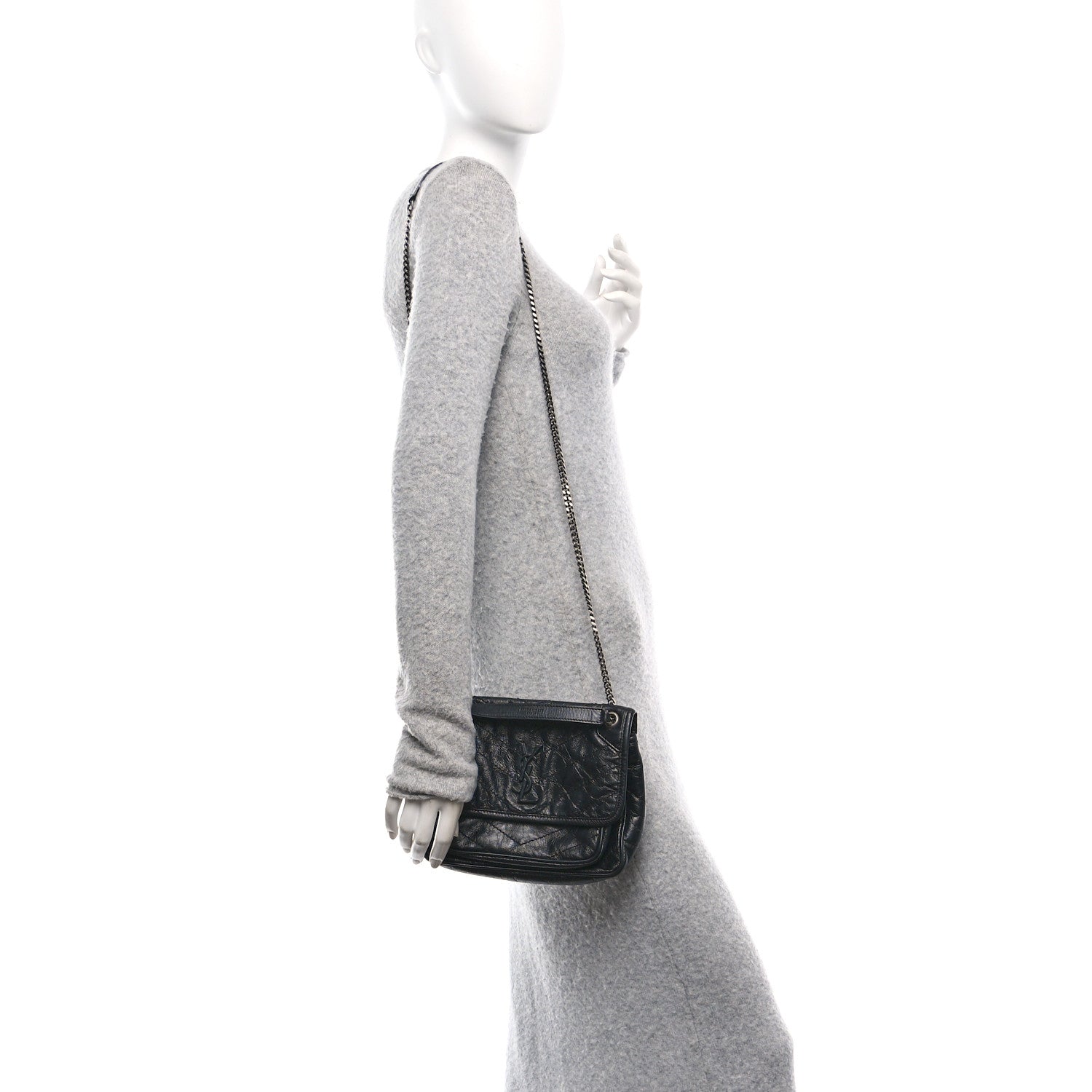 Saint Laurent Crinkled Calfskin Matelasse Monogram Baby Niki Chain Satchel Black 2 of 11