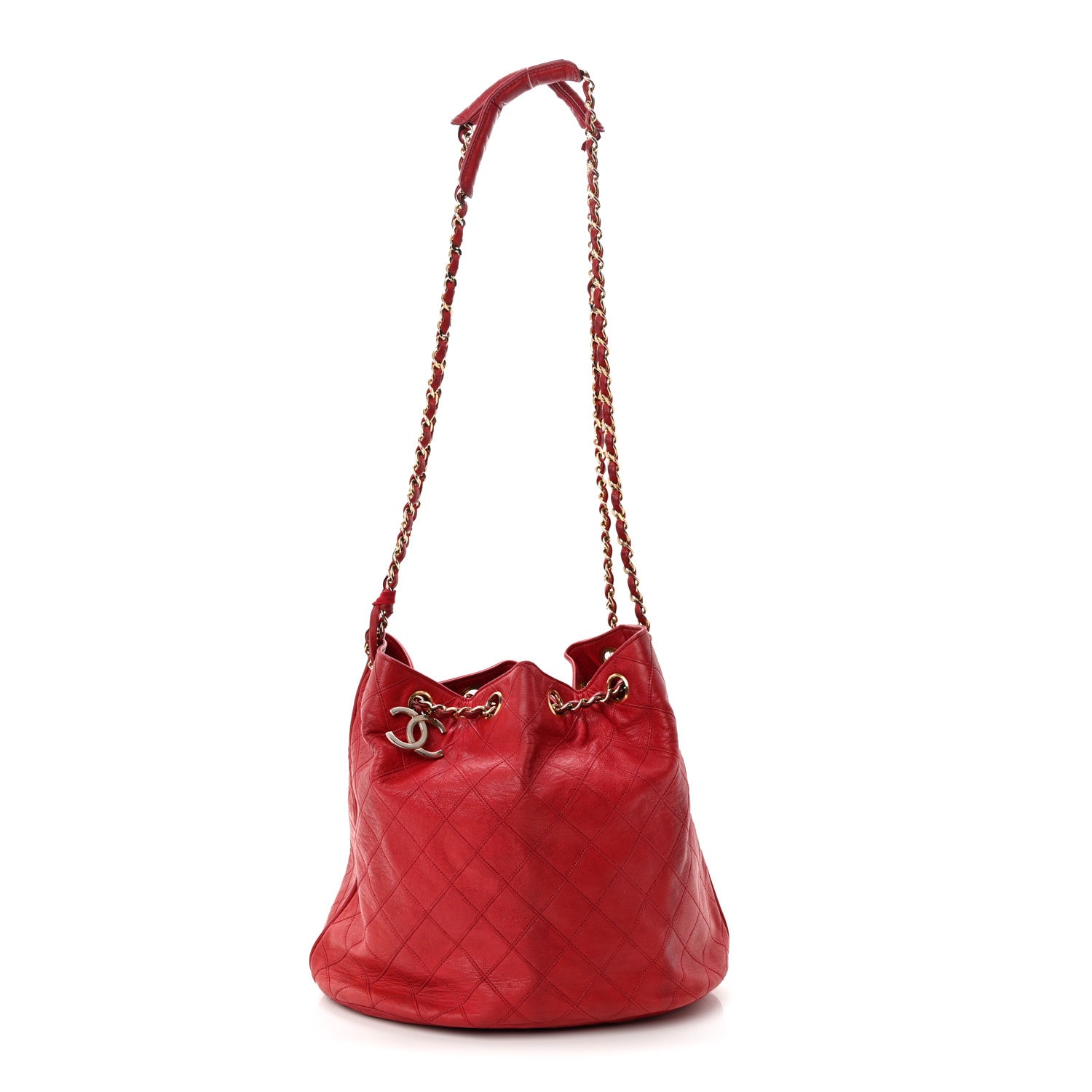 Chanel Lambskin Diamond Stitched CC Drawstring Shoulder Bag Red 1 of 16