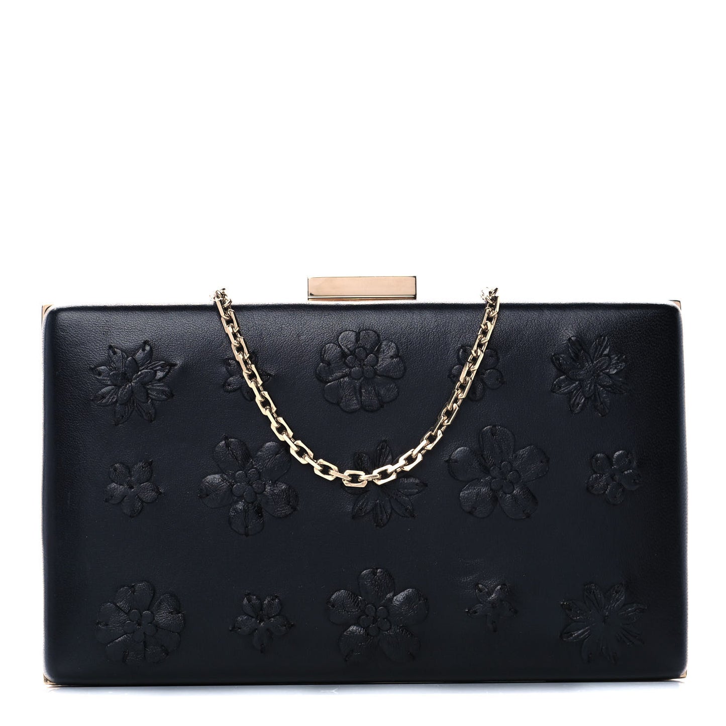 Nappa Floral Applique Minaudiere Clutch Black