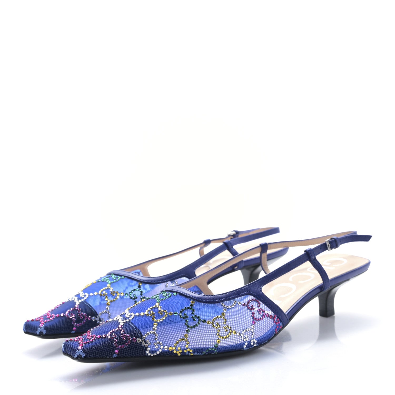 Gucci Tela Retino Nappa Charlotte Crystal GG Monogram Square G 35mm Slingback Pumps 39.5 Splash Net Blue Witch 3 of 7
