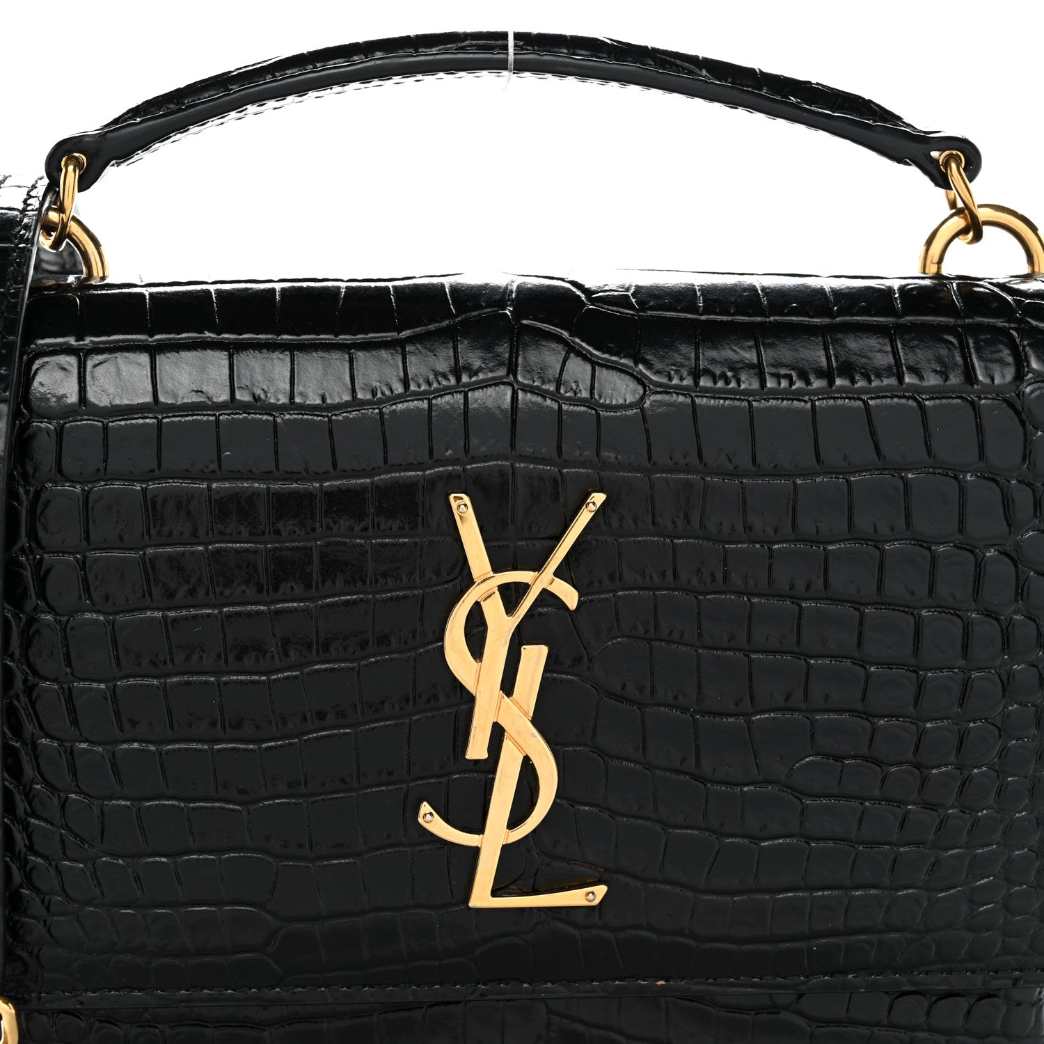 Saint Laurent Calfskin Crocodile Embossed Monogram Sunset Top Handle Chain Wallet Black 8 of 11