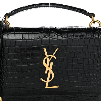 Saint Laurent Calfskin Crocodile Embossed Monogram Sunset Top Handle Chain Wallet Black 8 of 11
