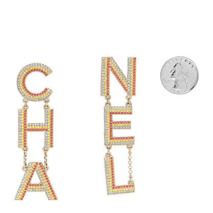 Chanel Metal Crystal Rainbow Cha-Nel Logo Drop Earrings Multicolor Gold 2 of 4