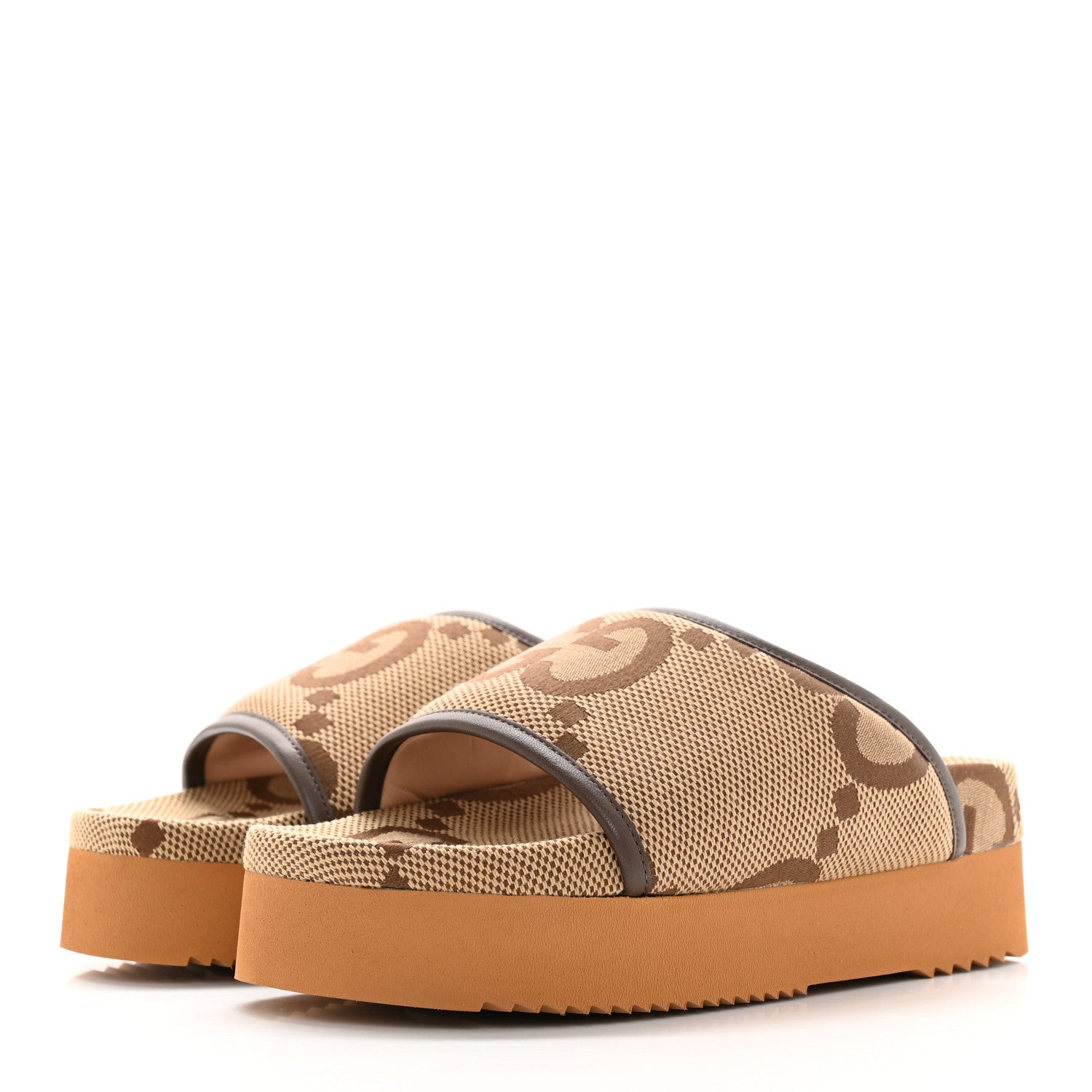 Gucci Monogram Jumbo GG Nappa Samoa Platform 40mm Slide Sandals 35 Camel Ebony New Acero 3 of 11