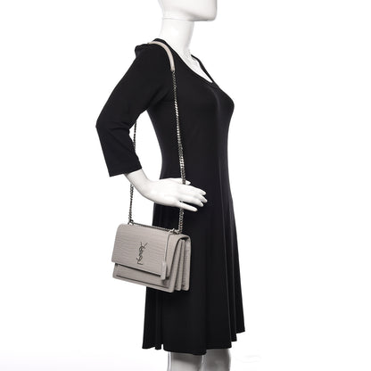 Saint Laurent Calfskin Crocodile Embossed Medium Monogram Sunset Mouse Grey 2 of 13