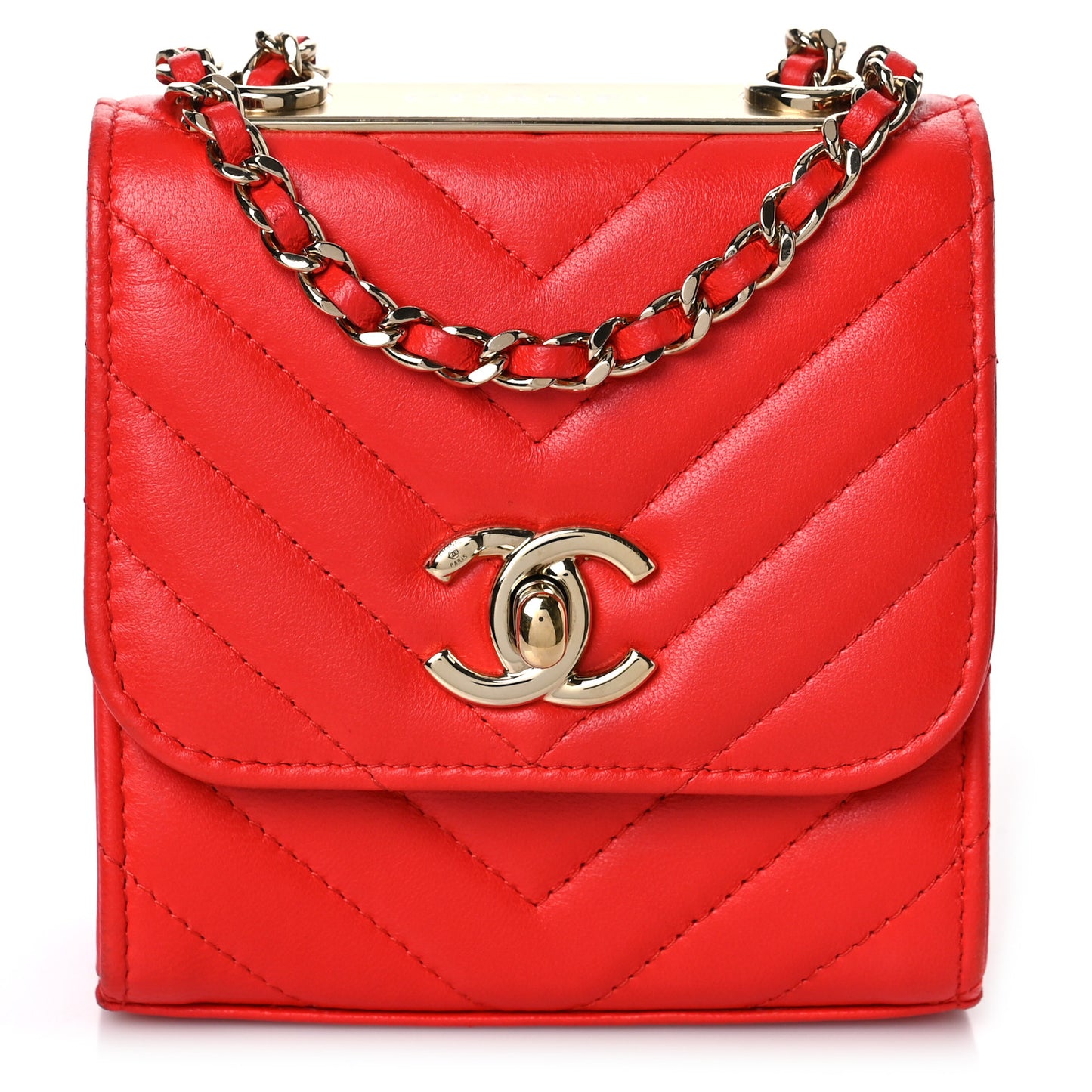 Lambskin Chevron Quilted Mini Trendy CC Chain Wallet Red