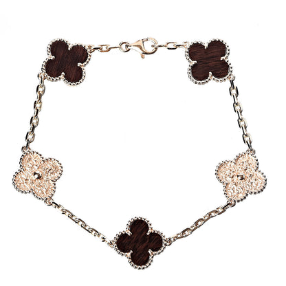 Van Cleef & Arpels 18K Rose Gold Letterwood 5 Motifs Creased Vintage Alhambra Bracelet 1 of 5