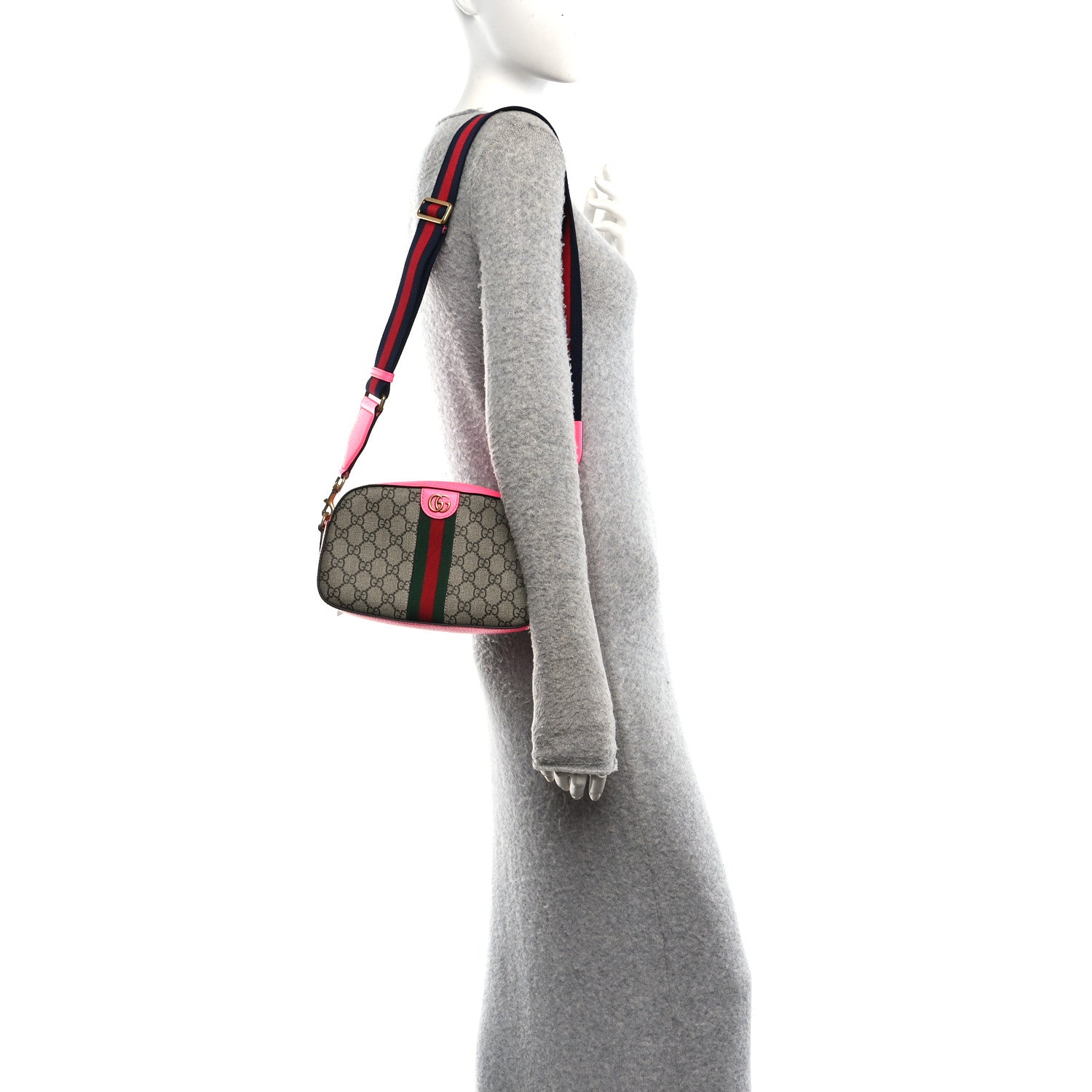 Gucci GG Supreme Monogram Textured Dollar Calfskin Web Ophidia Small Crossbody Bag Beige Ebony Fuchsia 2 of 10