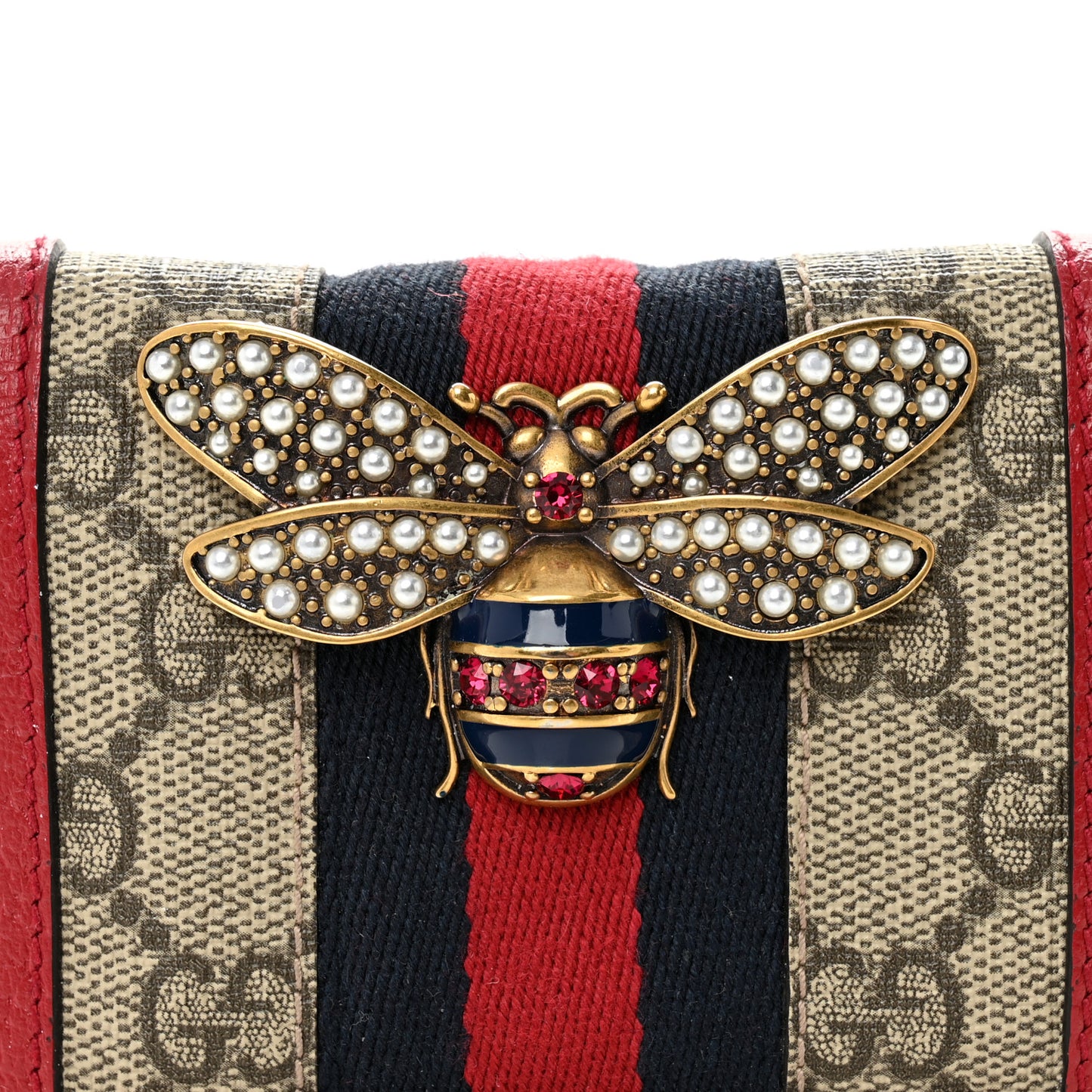 GG Supreme Monogram Web Queen Margaret Card Case Wallet Red