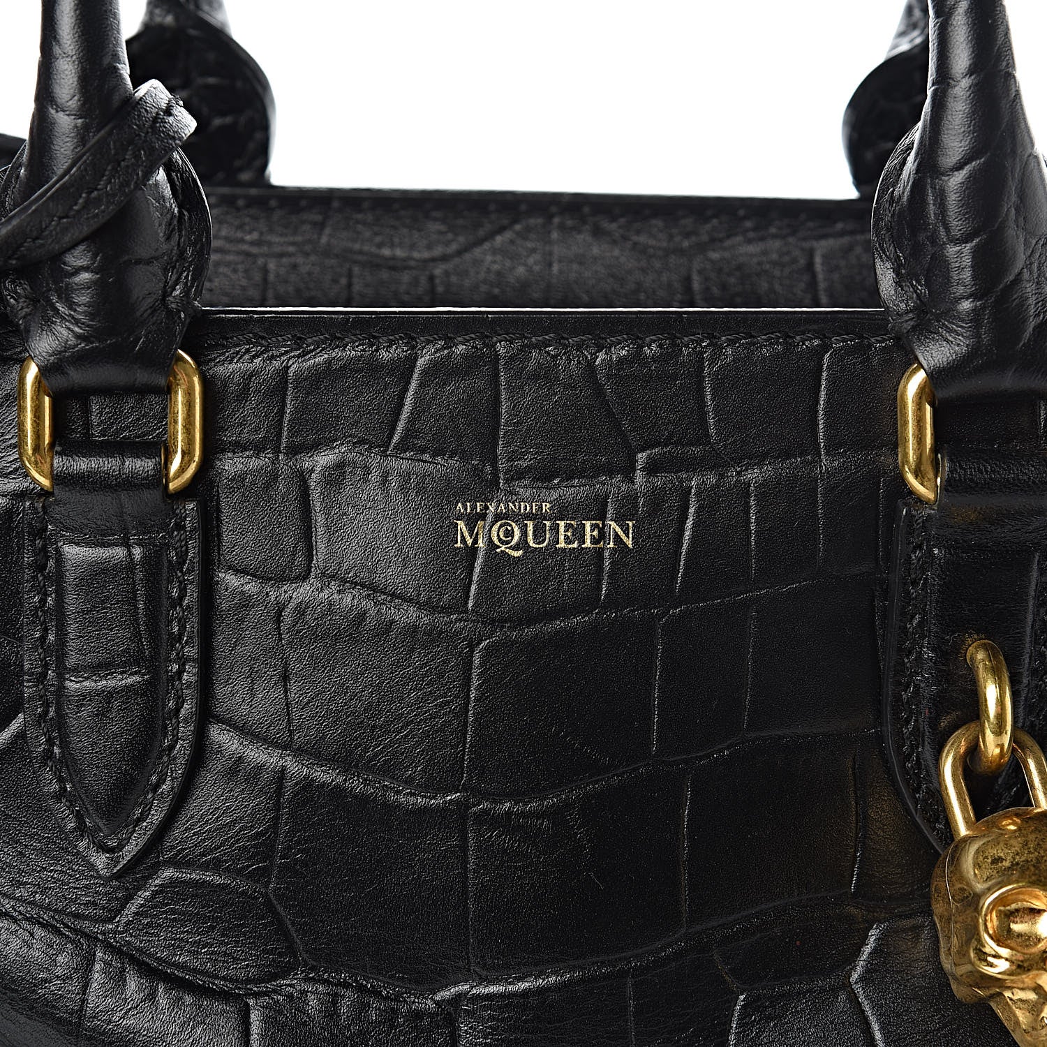 Alexander McQueen Calfskin Crocodile Embossed Small Skull Padlock Zip Around Tote Black 11 of 11