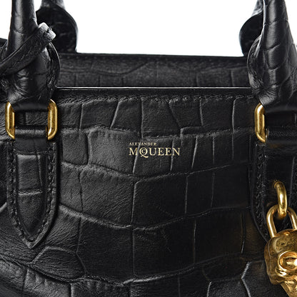 Alexander McQueen Calfskin Crocodile Embossed Small Skull Padlock Zip Around Tote Black 11 of 11