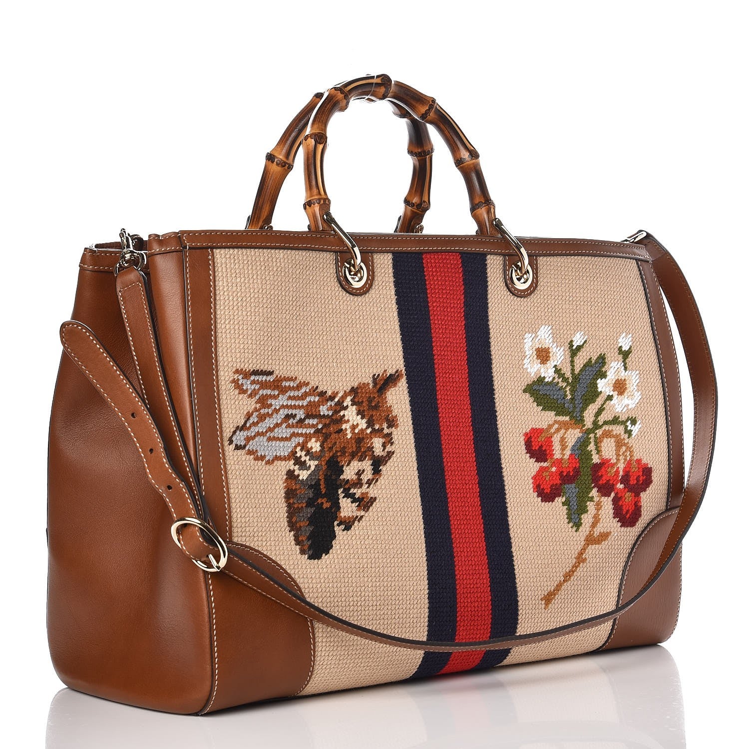 Gucci Canvas Blooms Embroidered Large Bamboo Shopper Tote Brown 3 of 8
