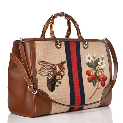 Gucci Canvas Blooms Embroidered Large Bamboo Shopper Tote Brown 3 of 8