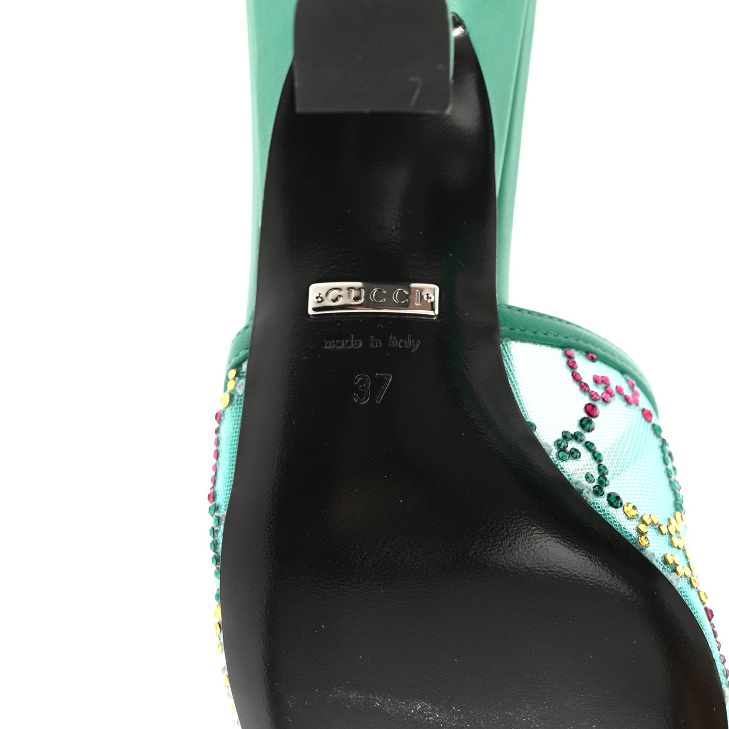 Gucci Tela Retino Nappa Crystal GG Monogram Square G 95mm Slide Sandals 37 Turquoise 7 of 8