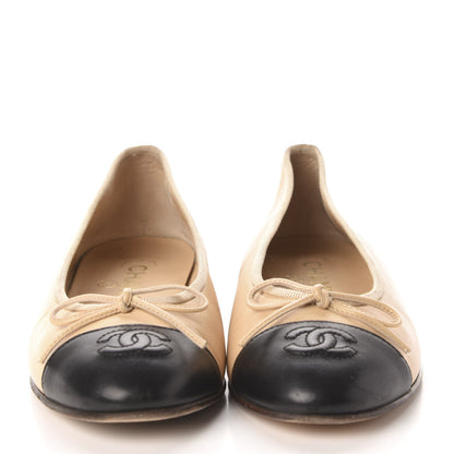 Chanel Lambskin Cap Toe CC Ballerina Flats 36 Beige Black 2 of 10
