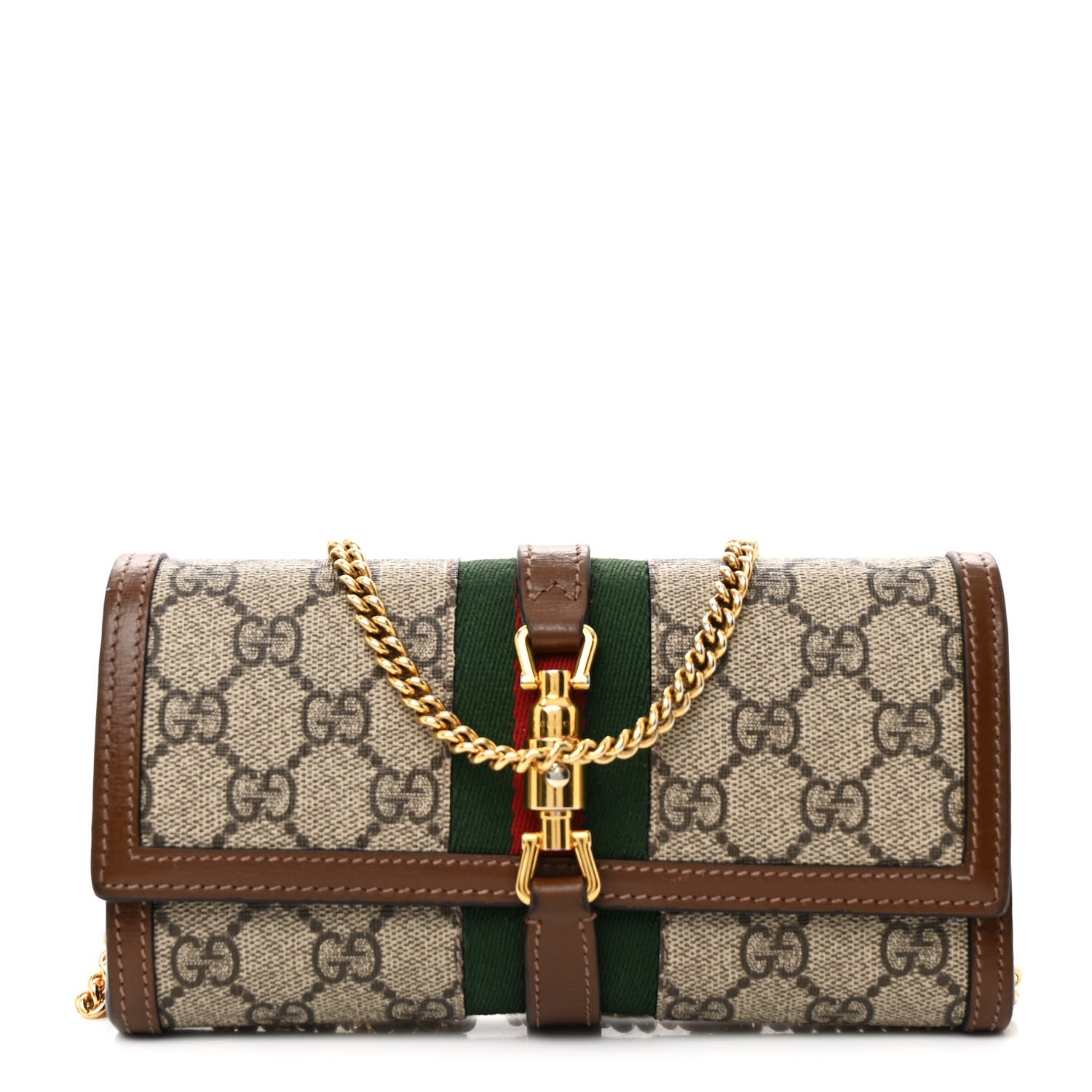 Gucci GG Supreme Monogram Azalea Calfskin Web Jackie 1961 Chain Wallet Beige Ebony Brown Sugar 1 of 12