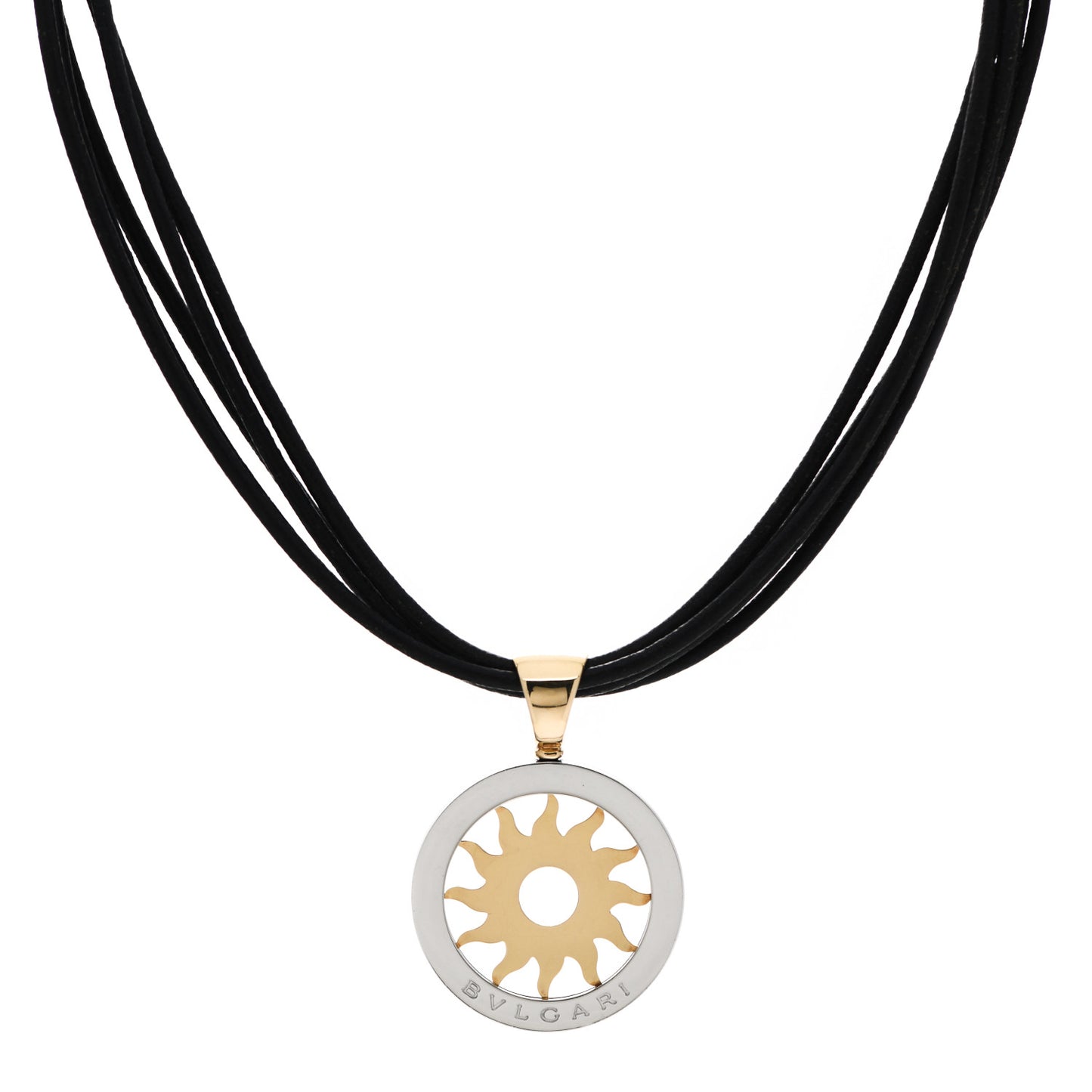 Stainless Steel 18K Yellow Gold Calfskin Tondo Sun Pendant Necklace