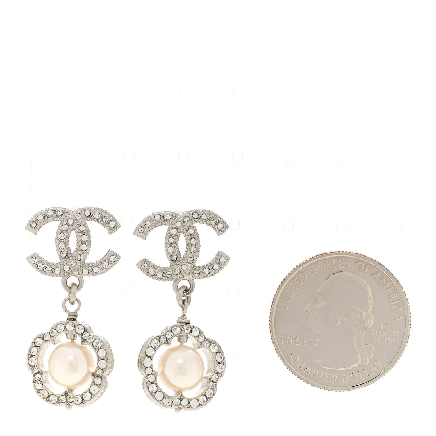 Chanel Crystal Pearl Camellia CC Coco Flapper Drop Earrings Silver 1 of 5