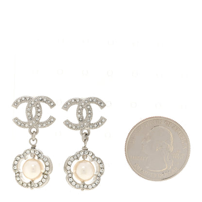 Chanel Crystal Pearl Camellia CC Coco Flapper Drop Earrings Silver 1 of 5