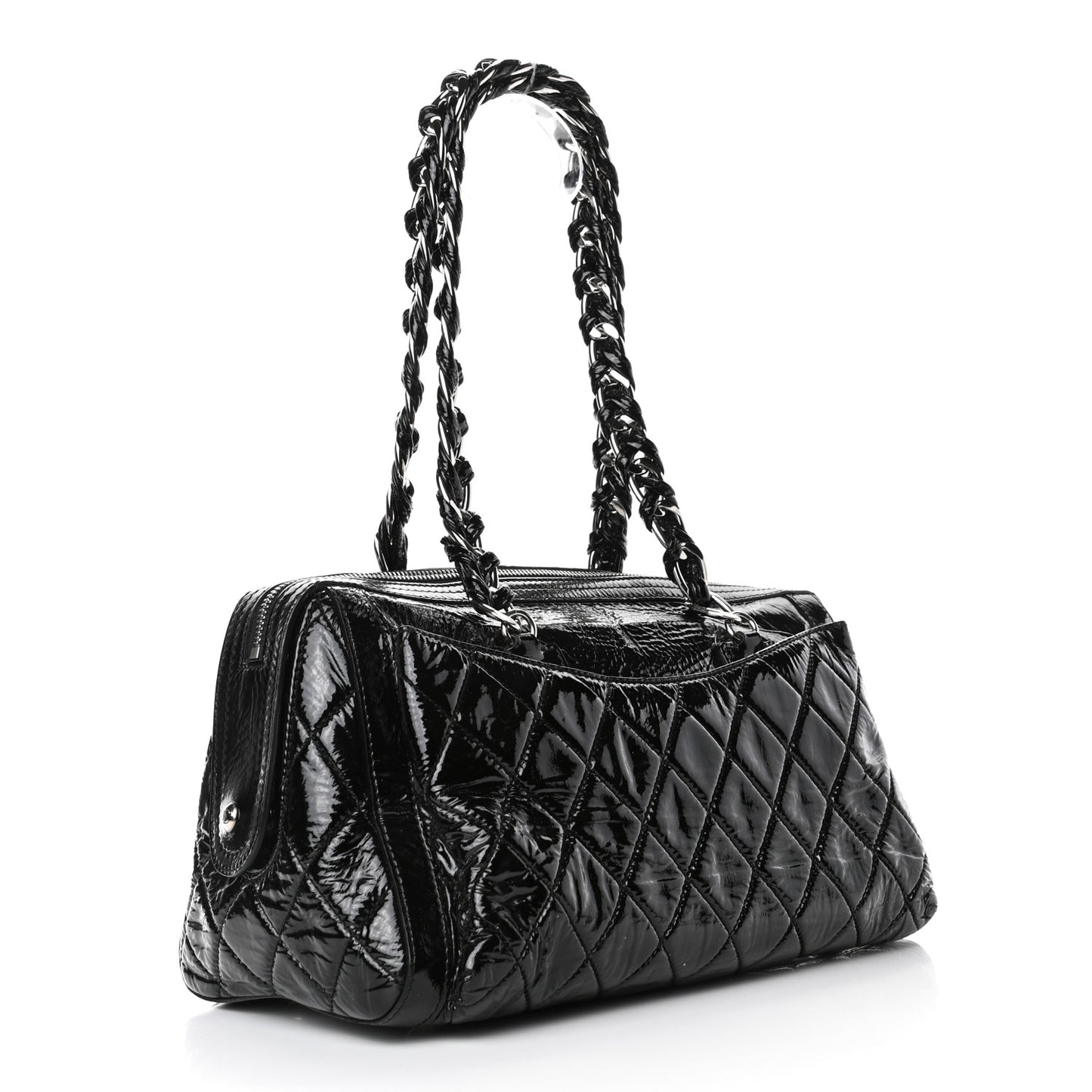 Patent Quilted Day Glo Flap Bag Black
