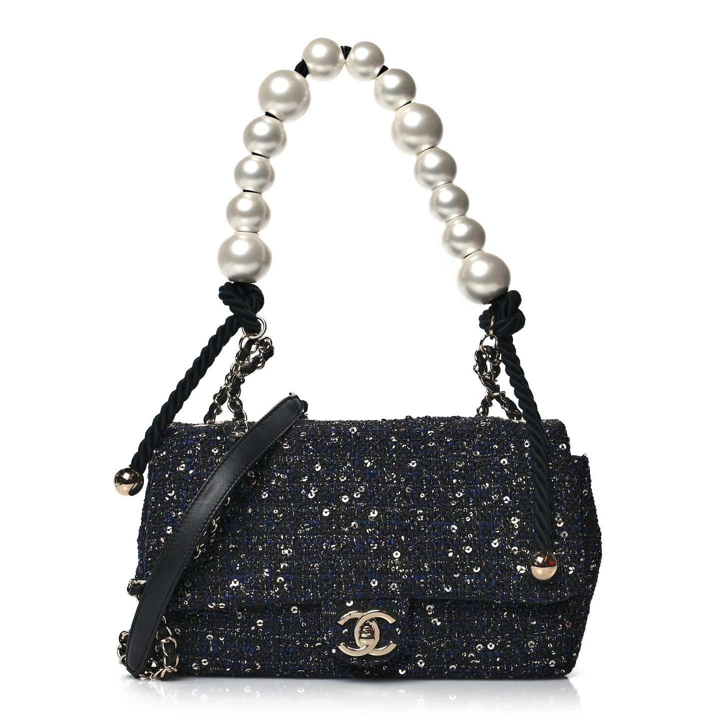 Tweed Medium Pearl Handle Flap Black Ecru