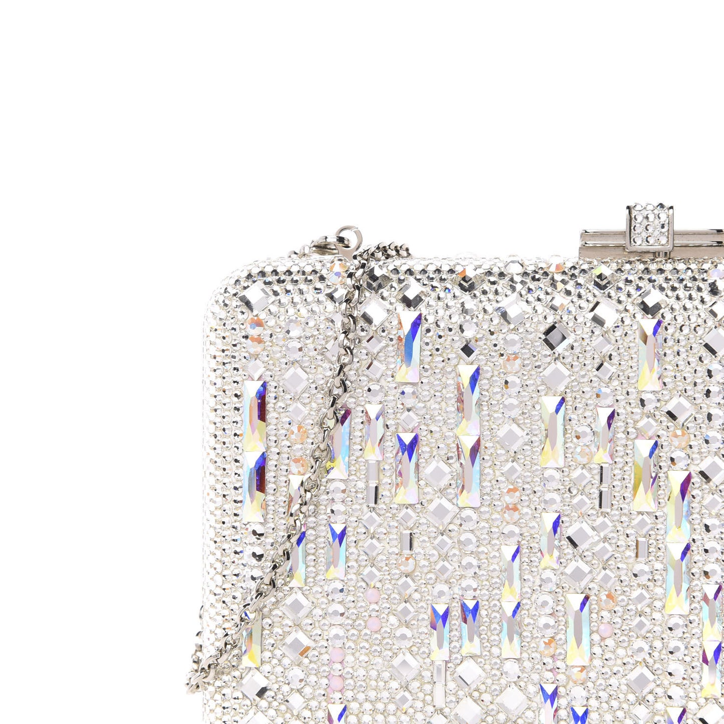 Crystal Embellished Slim Slide Minaudiere Clutch Silver