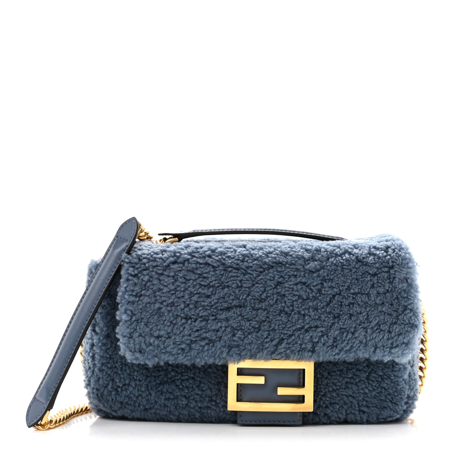 Fendi Shearling Lambskin FF Midi Chain Baguette Mirto 1 of 11