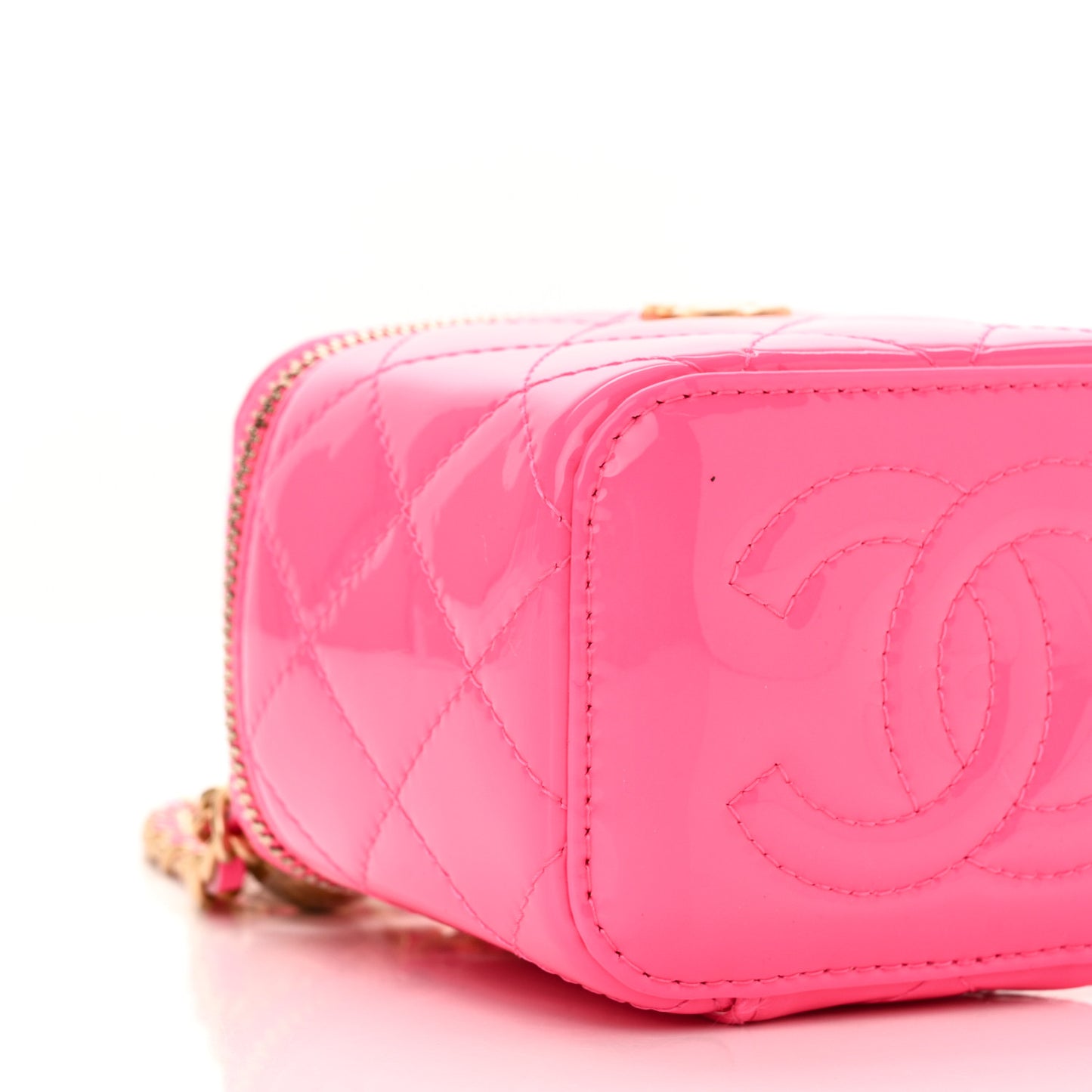 Patent Quilted Pearl Crush Mini Vanity Case With Chain Neon Pink
