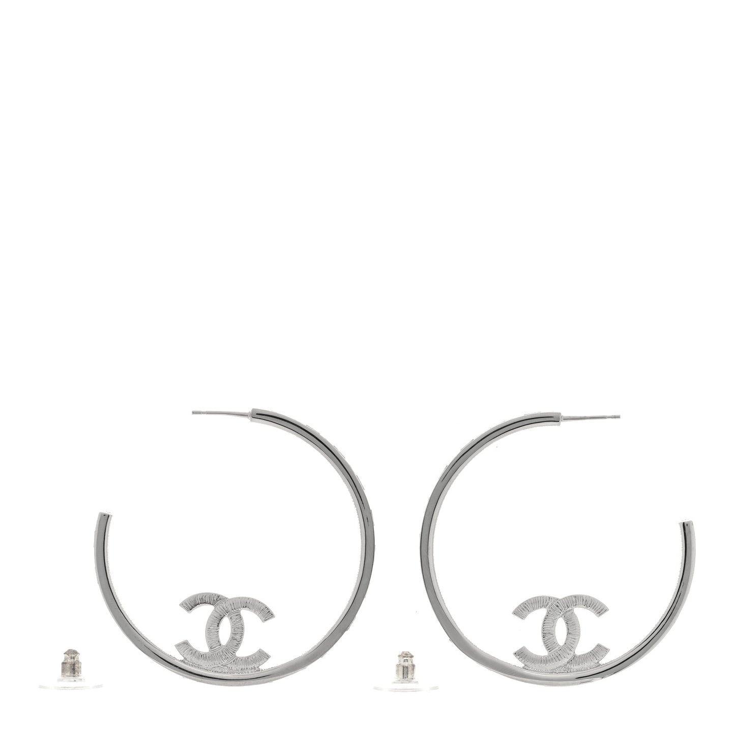 Metal Crystal Baguette CC Large Hoop Earrings Silver