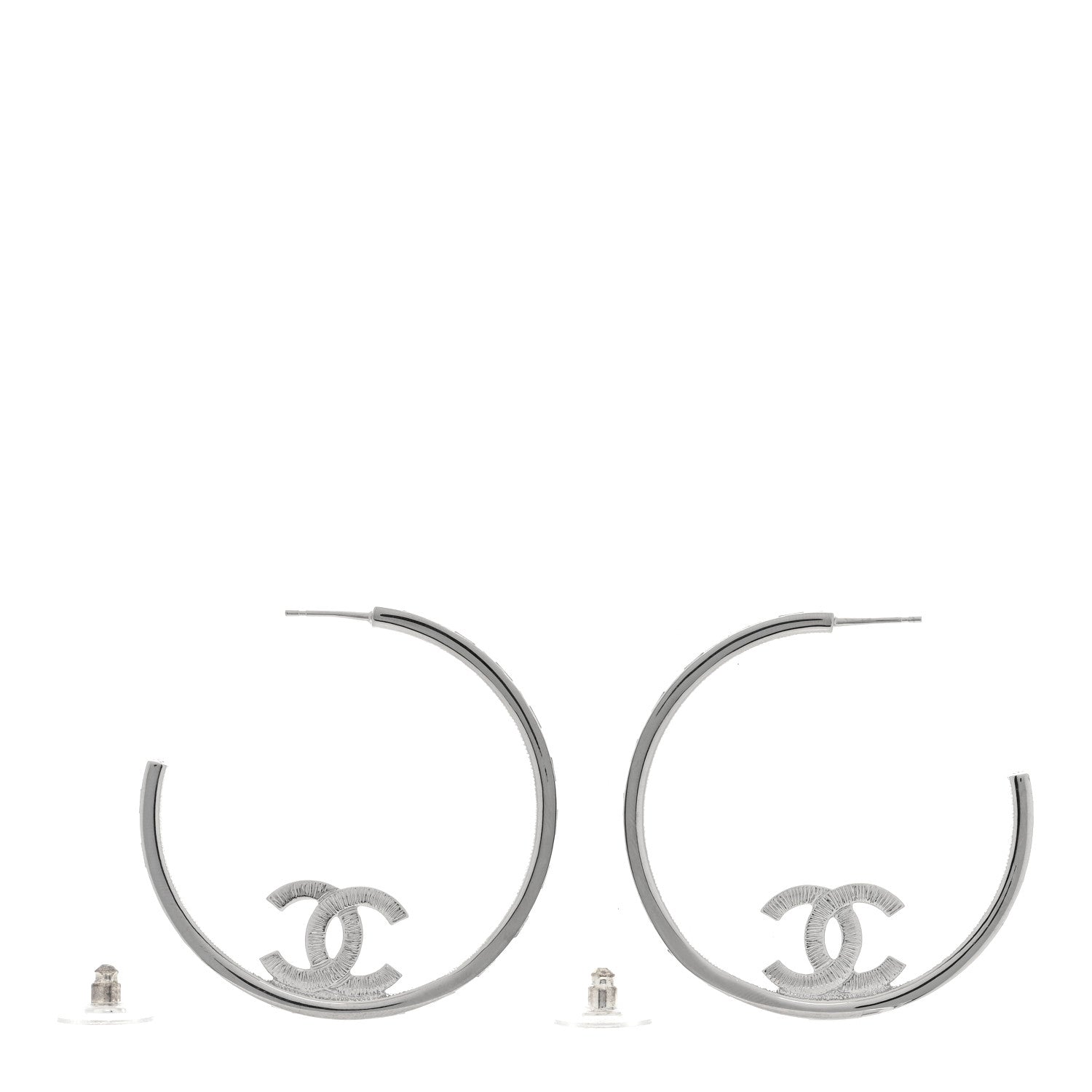 Chanel Metal Crystal Baguette CC Large Hoop Earrings Silver 3 of 4