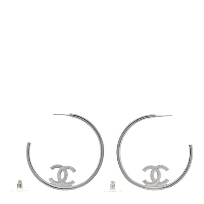 Chanel Metal Crystal Baguette CC Large Hoop Earrings Silver 3 of 4