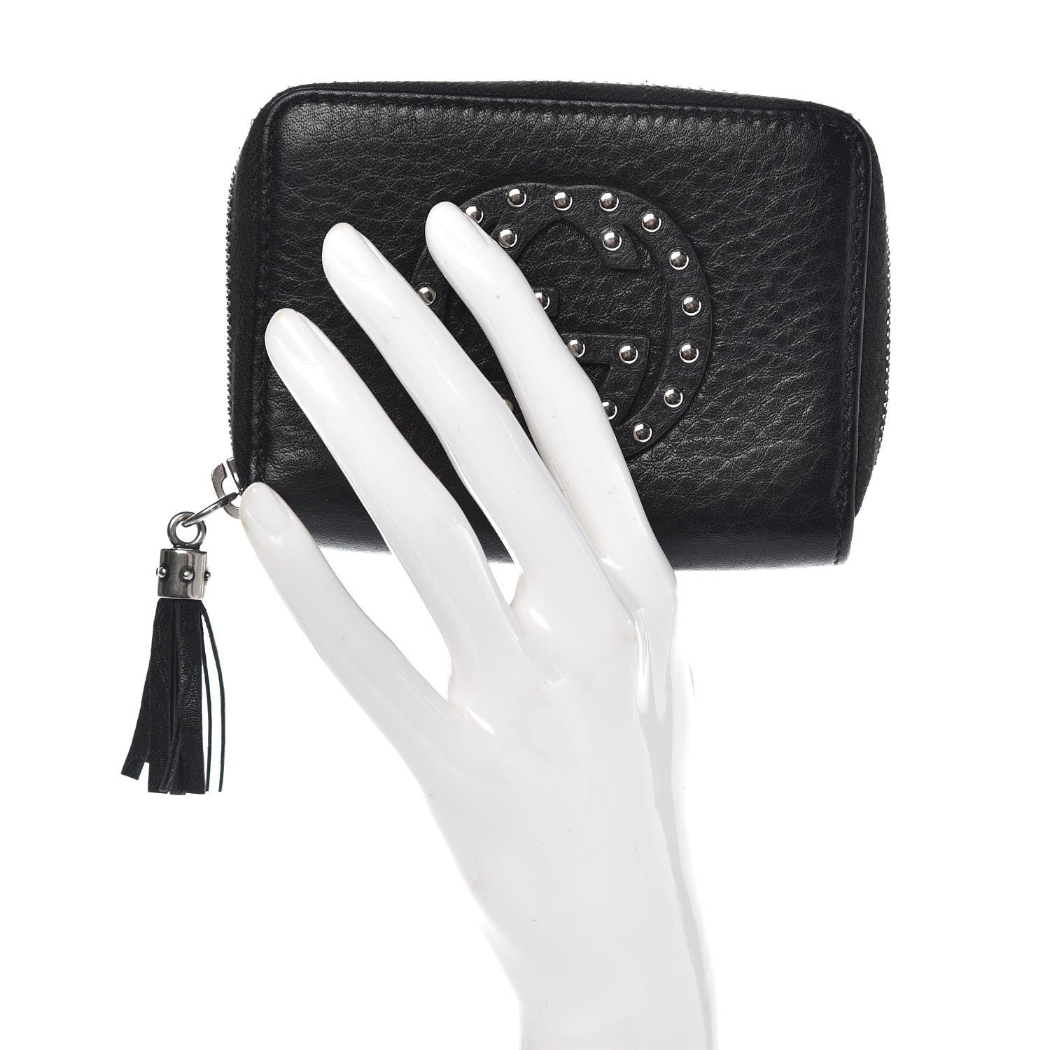Gucci Pebbled Calfskin Studded Soho Compact Disco Zip Around Wallet Black 2 of 8