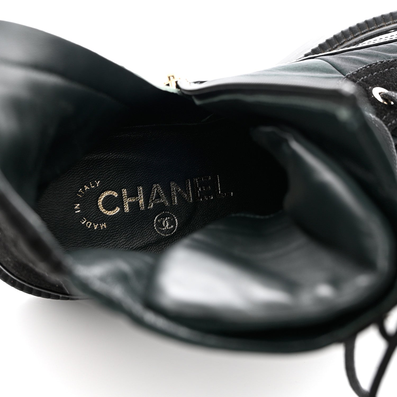 Chanel Calfskin Knit Lace Up Combat Boots 38 Black Green 7 of 15