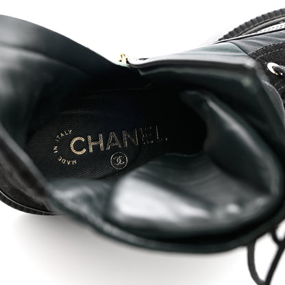 Chanel Calfskin Knit Lace Up Combat Boots 38 Black Green 7 of 15