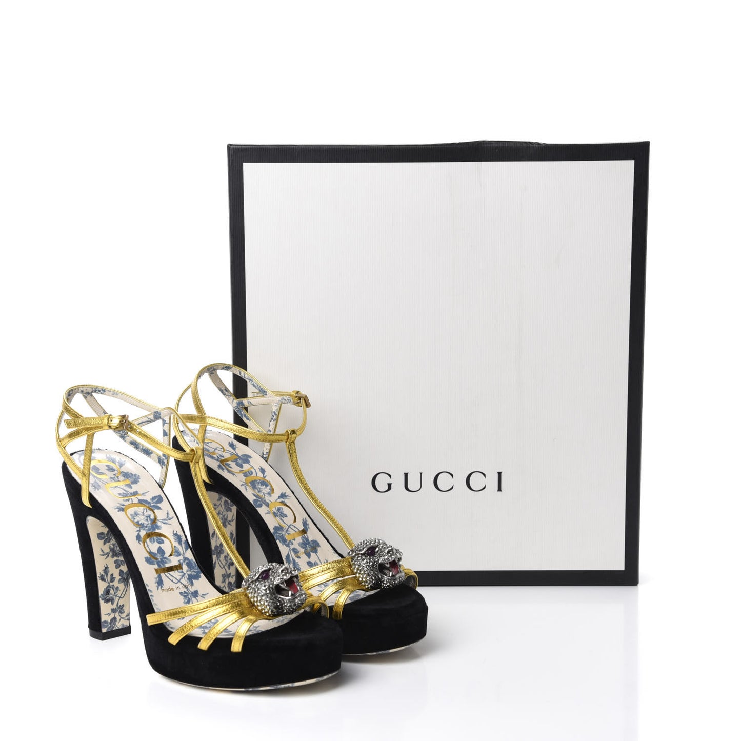 Velvet Nappa Elias T-Strap Platform High Heel Sandals 36.5 Black Gold