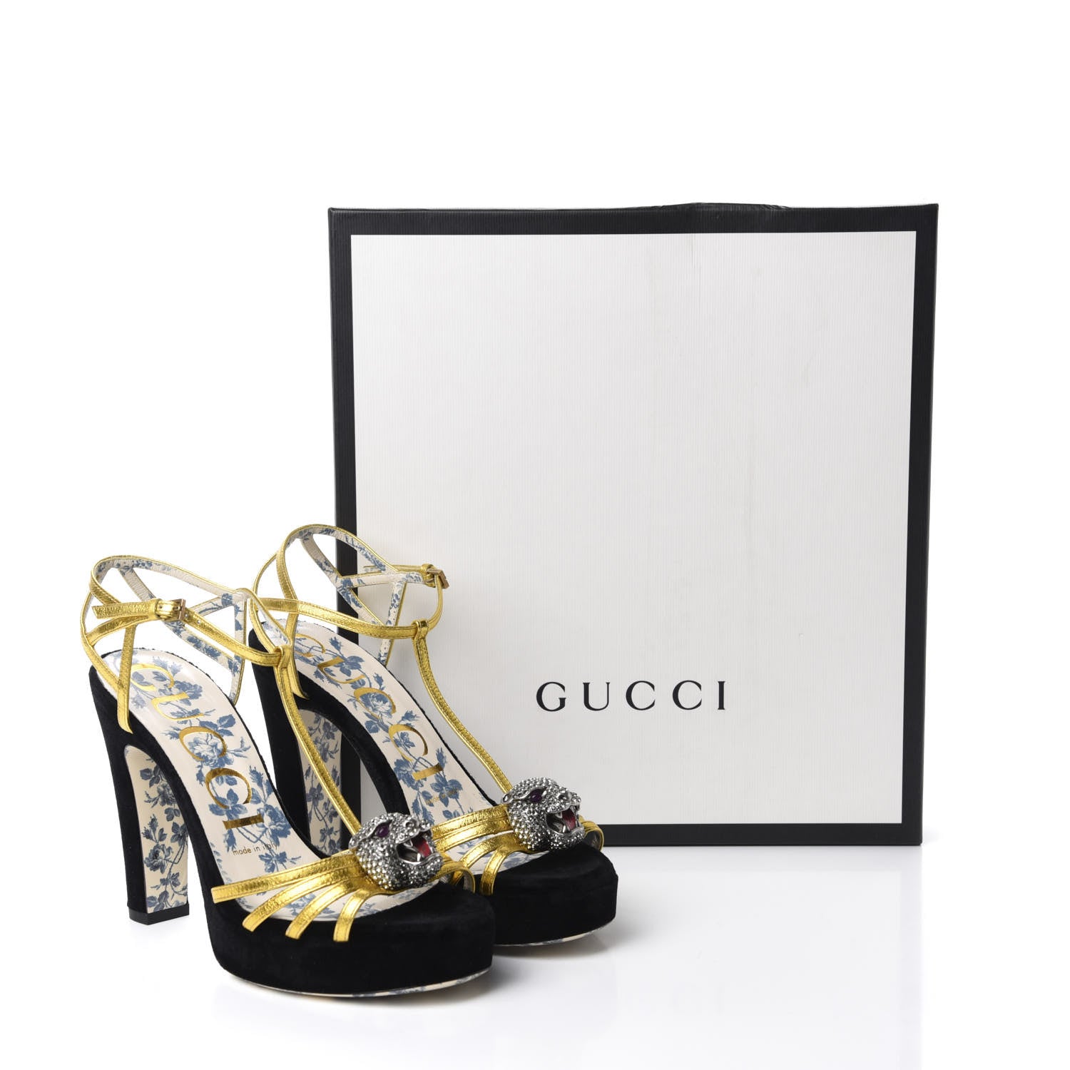 Gucci Velvet Nappa Elias T-Strap Platform High Heel Sandals 36.5 Black Gold 10 of 10