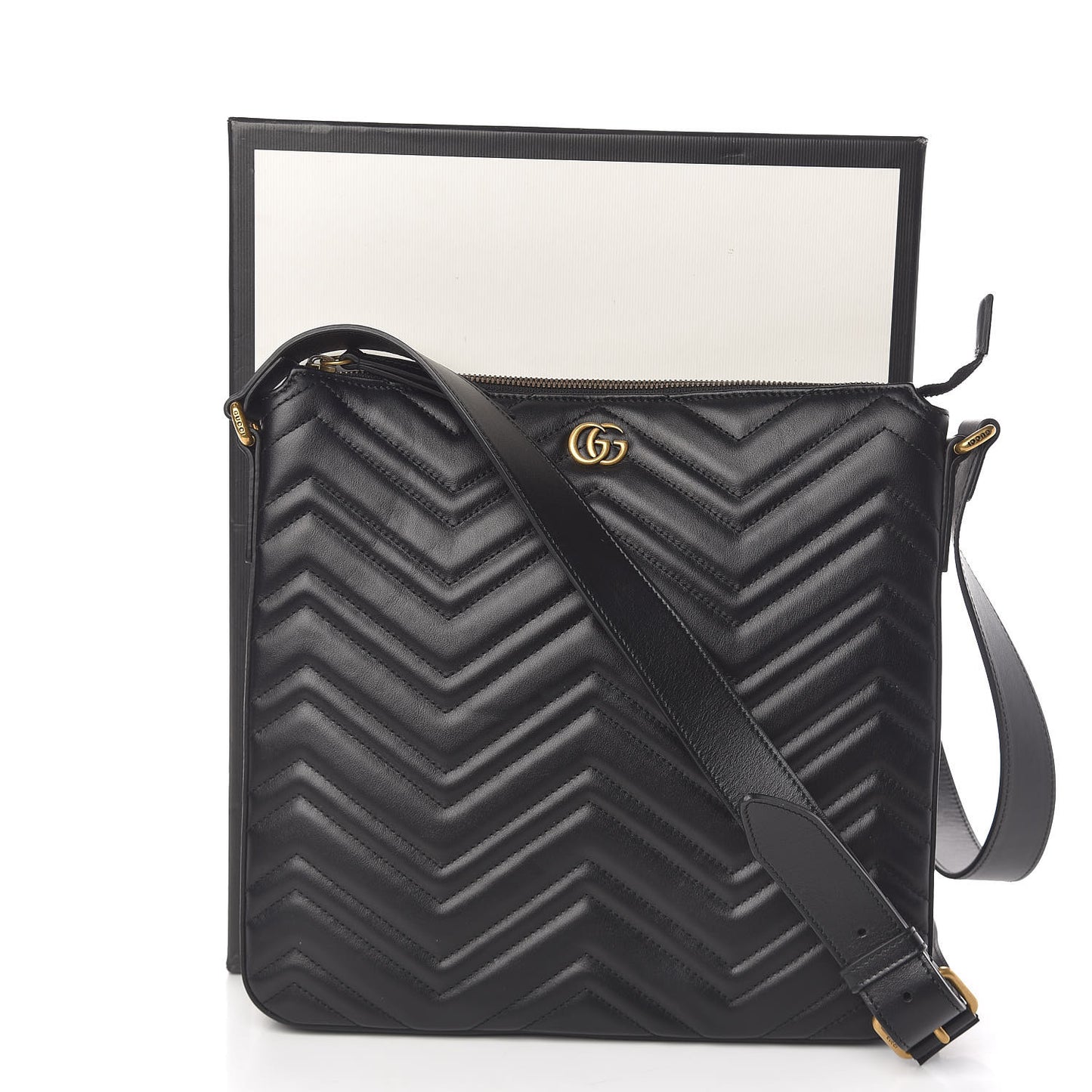 Calfskin Matelasse GG Marmont Flat Messenger Bag Black