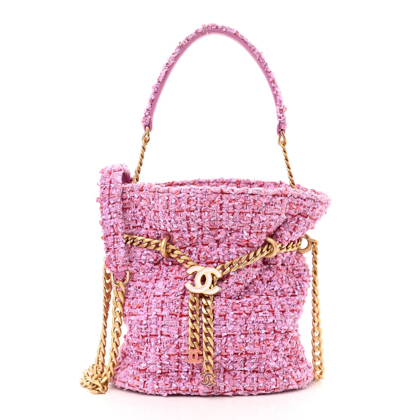 Tweed Enamel Quilted Pending CC Bucket Drawstring Bag Light Purple Pink Red