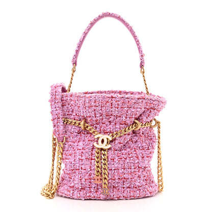Chanel Tweed Enamel Quilted Pending CC Bucket Drawstring Bag Light Purple Pink Red 1 of 10