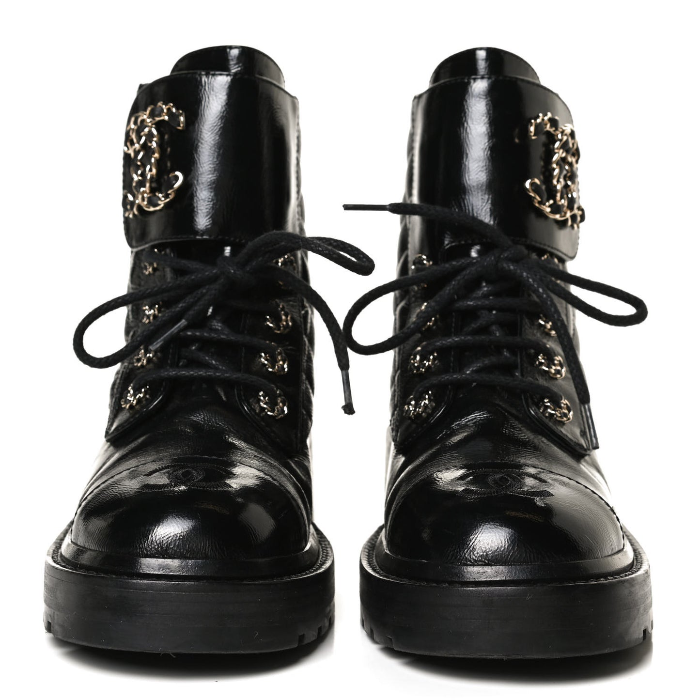 Shiny Calfskin Quilted Lace Up Combat Boots 35.5 Black